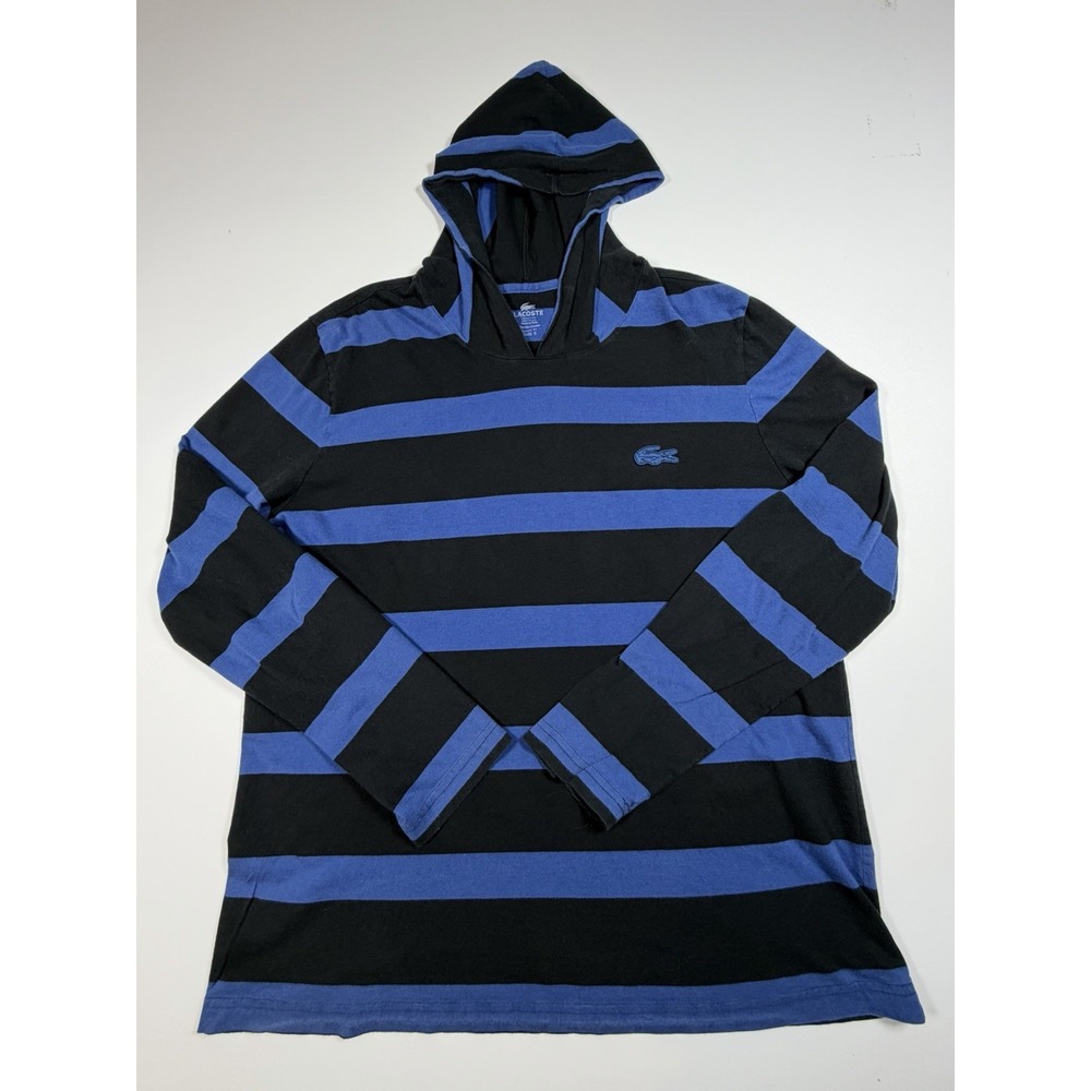 Lacoste Mens Size 6 XL Blue Black Striped Long Sleeve Lightweight Hoodie Shirt